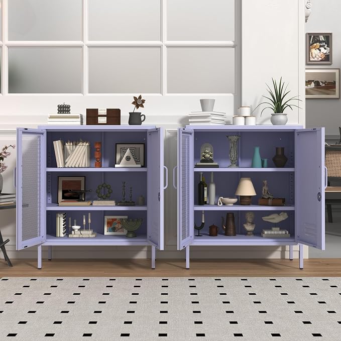 Purple Metal Locker CabinetsMetal Locker Storage Cabinet with Mesh Doors and Adjustable Shelves Coffee Bar Cabinet,Kitchen Pantry Storage Cabinets for Home, Office, Entryway and Hallway 