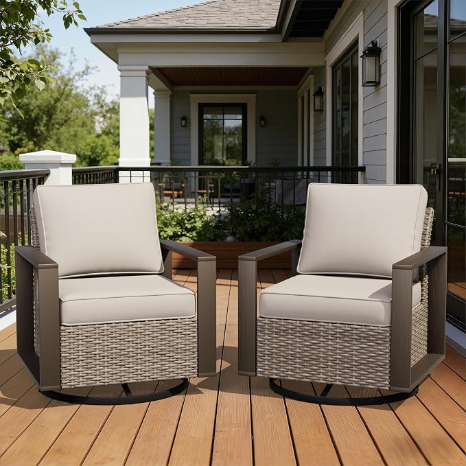 Joyside Outdoor Patio Swivel Rocker Chairs Set, 2 Pieces Wicker Rattan Chairs with Metal Wide Armrest, Thick Cushions and Deep Seating for Garden, Backyard, Porch, Deck