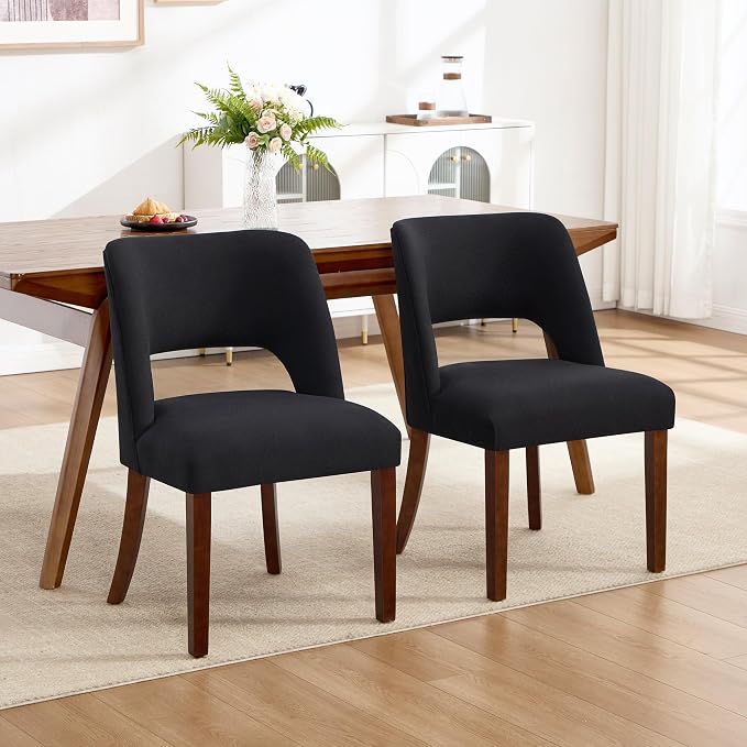 Dining Chairs Set of 6,Modern Dining Room Chairs with Thick Cushions,Upholstered Linen Fabric Kitchen Chairs for Kitchen Dining Room Black