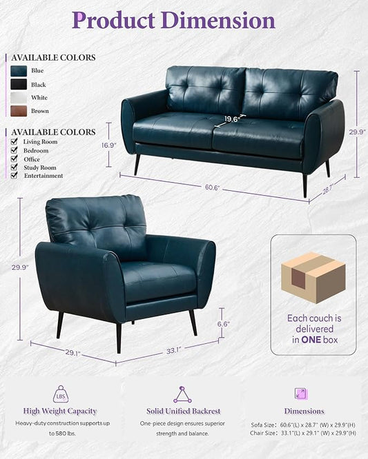 TYBOATLE Sofa Couch 61" Small Loveseat Couches for Living Room Leather Couch Mid Century Modern Tufted Mini Sofa Comfy Office 2 Seat Settee Love Seat Small Couches for Bedroom (3, Blue)