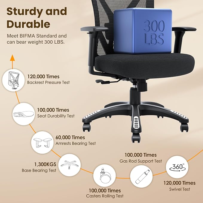 Ergonomic Office Chair, Mesh Computer Desk Chairs with Adjustable Lumbar Support, 3D Armrests, Tilt Function, Comfy Wide Seat, Executive Work Task Chair for Company and Home (Sponge Cushion)