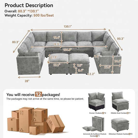 130" Light Grey Oversized Modular Storage Sofa, U Shaped Chenille Couch | Oversized Convertible Sectional Sofa, 9-Seat Sectional Couch With 2 Ottomans, Large Cloud Couch For Living Room, Apartment.