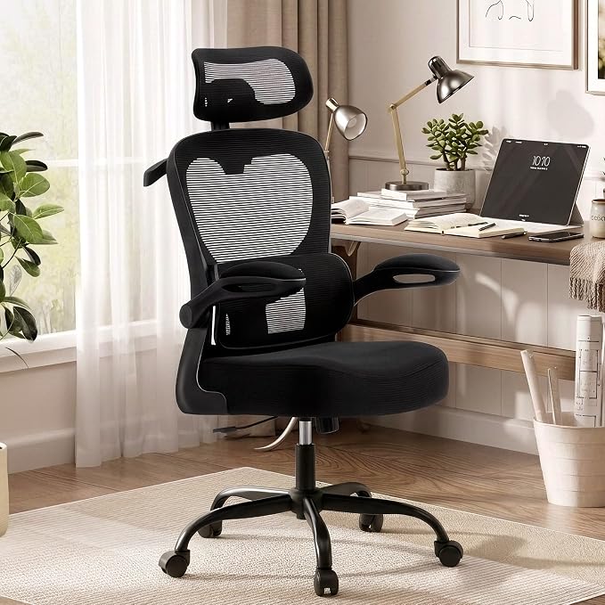 AreShark Office Chair-Ergonomic Desk Chair with Hidden Hanger & Flip-Up Arms, High Back Mesh Computer Chair with 2D Headrest & Adjustable Lumbar, Comfy Rolling Task Chair for Home Work Gaming, Black