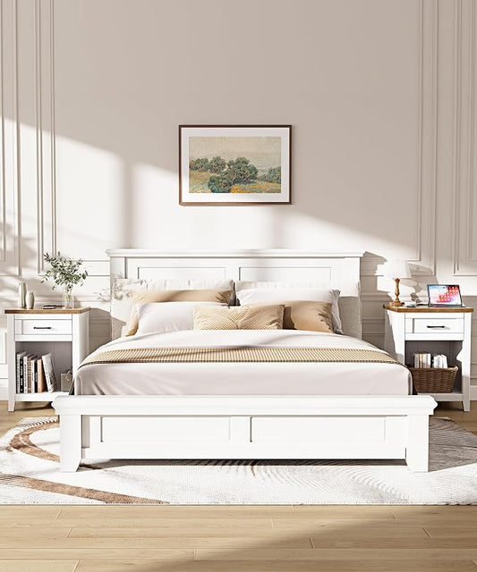 Decofy Farmhouse Nightstand with Charging Station & Large Storage, Modern End Tables with Outlets, USB Ports and Type-C Ports, Easy Assembly for Bedroom (Pure White + Walnut)