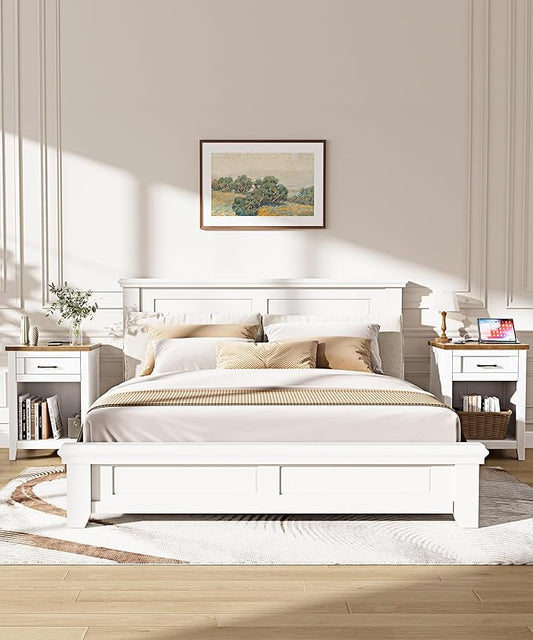 Decofy Farmhouse Nightstand with Charging Station & Large Storage, Set of 2 Modern End Tables with Outlets, USB Ports and Type-C Ports, Easy Assembly for Bedroom (Pure White + Walnut)