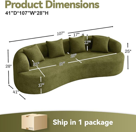 107" Curved Sofa for Living Room, Modern Chenille Cloud Couch Sofa, Luxury Plush Extra Deep 4-Seater Oversized Boucle Couch for Small Spaces, Apartment, No Assembly Required, Green