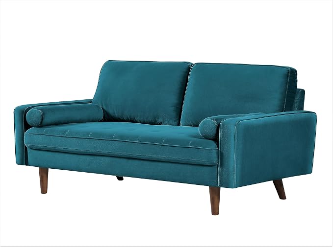 Container Furniture Direct Velvet Tufted Sofas for Living Room, Classic Mid-Century Style with Modern Silhouette, Button Tufting and Wood Legs, Includes 2 Bolster Pillows, Loveseat, Greenish Blue