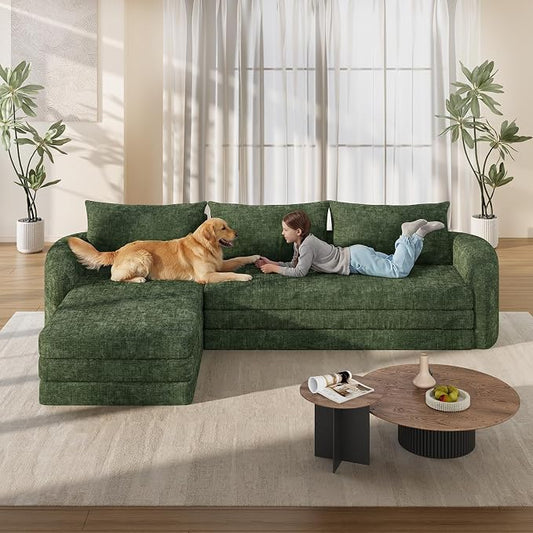 Vesgantti 110.2" Modular Sectional Sofa with Curved Armrest, 6 in 1 Convertible Folding Sleeper Sofa Bed, Chenille Boneless Couch for Living Room, No Assembly Required, Green, Left Facing Chaise