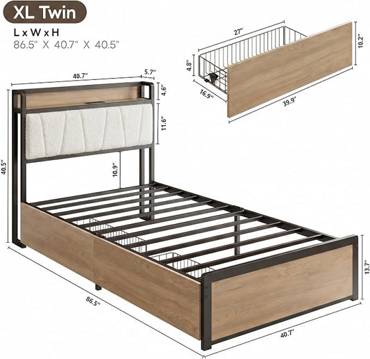 LIKIMIO Twin XL Bed Frame with 2 Storage Drawers, Charging Station & LED Lights, Twin XL Bed with Boucle Upholstered Headboard, Strong Metal Slats, No Box Spring Needed, Easy Assembly, Wood/Cream