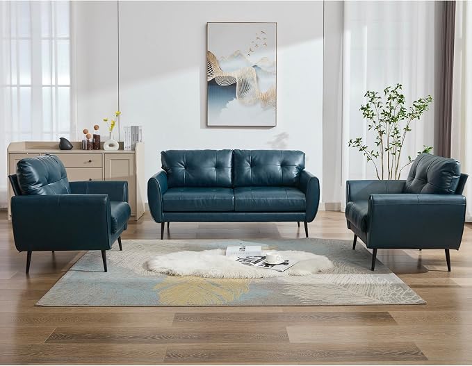 TYBOATLE Sofa Couch 61" Small Loveseat Couches for Living Room Leather Couch Mid Century Modern Tufted Mini Sofa Comfy Office 2 Seat Settee Love Seat Small Couches for Bedroom (3, Blue)