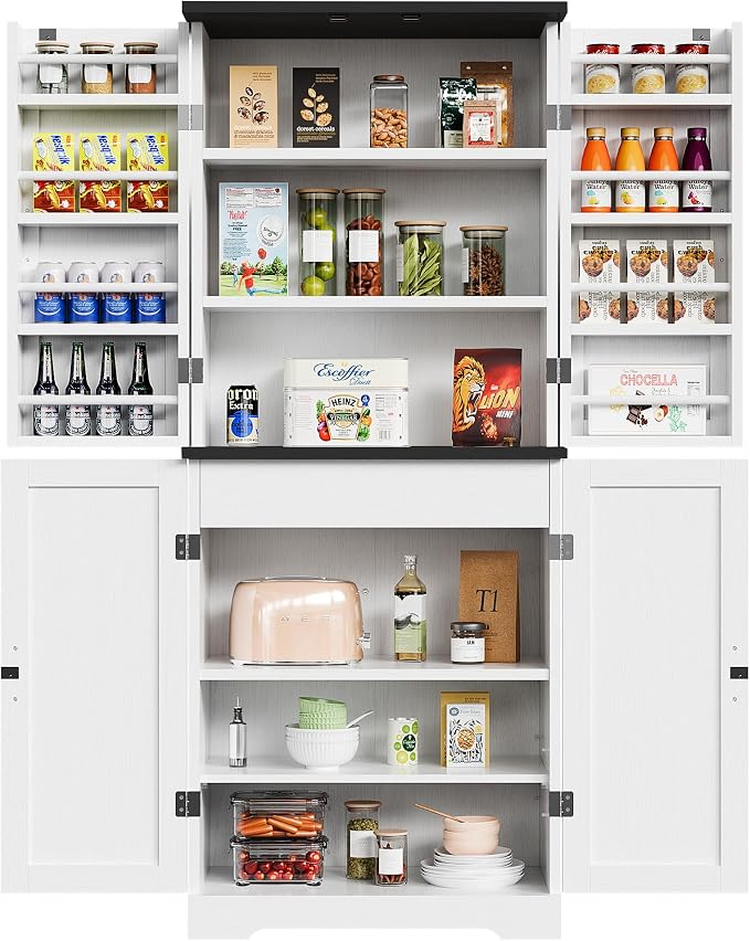 Vongrasig Kitchen Pantry Storage Cabinet with Barn Doors, Drawer and Adjustable Shelves, 6-Tier Tall Rustic Wood Cupboard Locker for Kitchen, Dining Room, Living Room, Bathroom, (White)