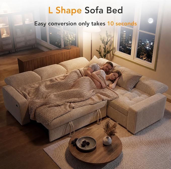 Sunny Heart Modular Sectional Sleeper Sofa with Pull Out Bed, Corduroy L Shaped Sectional Sofa with USB Ports/Adjustable Backrest/Storage Seats, Tool-Free Assembly, Couches for Living Room Beige