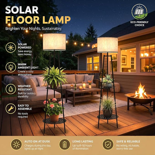Solar Outdoor Floor Lamp with Plant Shelves, Waterproof Solar Standing Lamp for Patio Porch Garden Yard, Auto On/Off Warm LED Floor Light with 2-Tier Plant Stand, Cordless Outdoor Decor Lighting