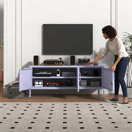 3 Door Lockable Metal TV Stand Storage Cabinet with Accent Cabinet Locker, Wide Heavy Duty Media Console for Large 100+ Inch TVs, Home Office Entertainment Center, Purple 22"H X 47.3"W X 13.8"D