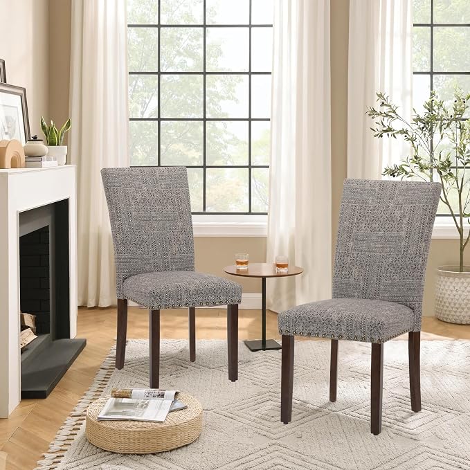 Parsons Dining Chairs Set of 6, Upholstered Nailhead Dining Room Kitchen Side Chair with Thick Cushions and Wood Legs, Black/White
