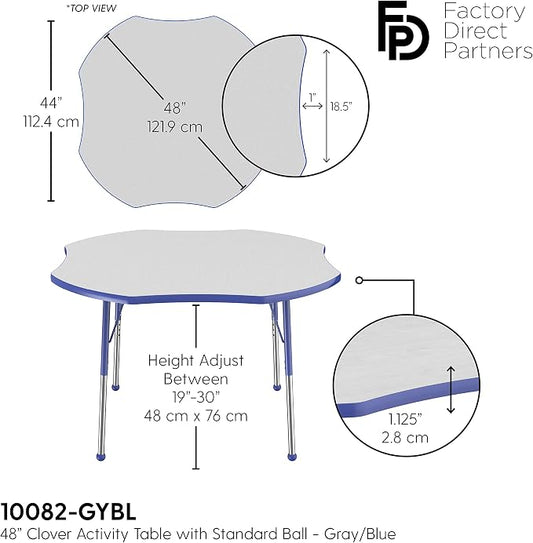 FDP Clover Activity School and Office Table (48 x 48 inch), Standard Legs with Ball Glides for Collaborative Seating Environments, Adjustable Height 19-30 inches - Gray Top and Blue Edge