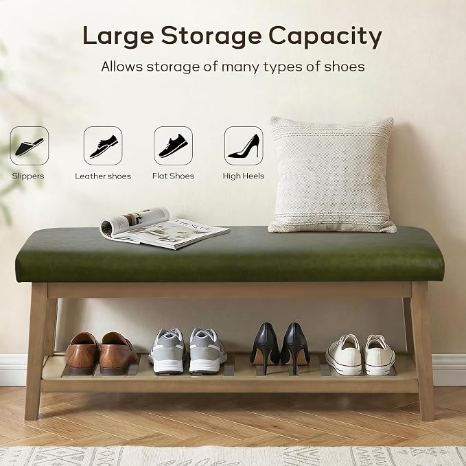 HUIMO Entryway Shoe Bench with Cushion, End of Bed Bench,Upholstered Bench for Kitchen, Bench with Solid Wood Shelf, Leather Ottoman Bench for Hallway, Living Room (PU-Green)