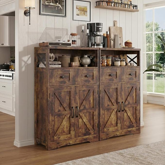 Rustic Brown Farmhouse Storage Cabinet Set of 2, Small Kitchen Pantry Cabinet with Drawers and Adjustable Shelves, Sideboard Buffet Coffee Bar Cabinet for Living Room/Dining Room/Bathroom/Home Office