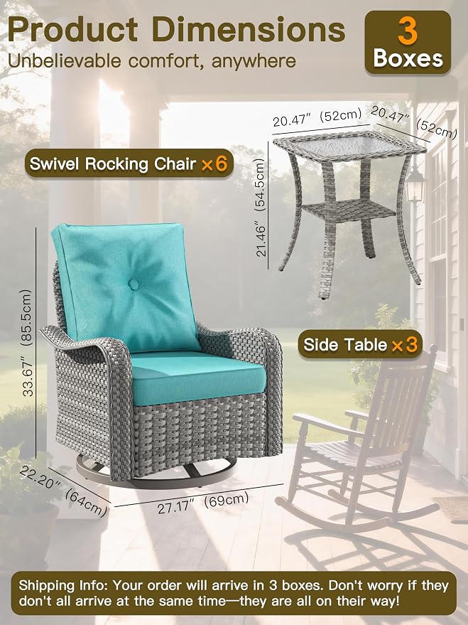9-Piece Patio Furniture Set, Outdoor Swivel Rocking Chairs with 4" Thick Cushions & Side Table, All-Weather PE Rattan & Rust-Resistant Steel Frame Conversation Set for Porch, Backyard,Turquoise