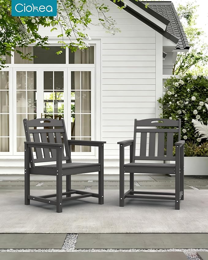 Ciokea HDPE Outdoor Patio Dining Chairs Set of 2, All-Weather Porch Chair with Wide Seat, Durable Outdoor Furniture for Backyard, Garden, Lawn & Poolside, Grey