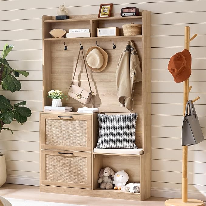 LEYAOYAO 78" Tall Boho Hall Tree with Bench & Shoe Storage, 4-in-1 Mudroom Rattan Coat Rack with 2 Flip Drawers & Cushioned Stool, Entryway Hall Tree Cabinet with 6 Hooks for Garage, Natural Oak