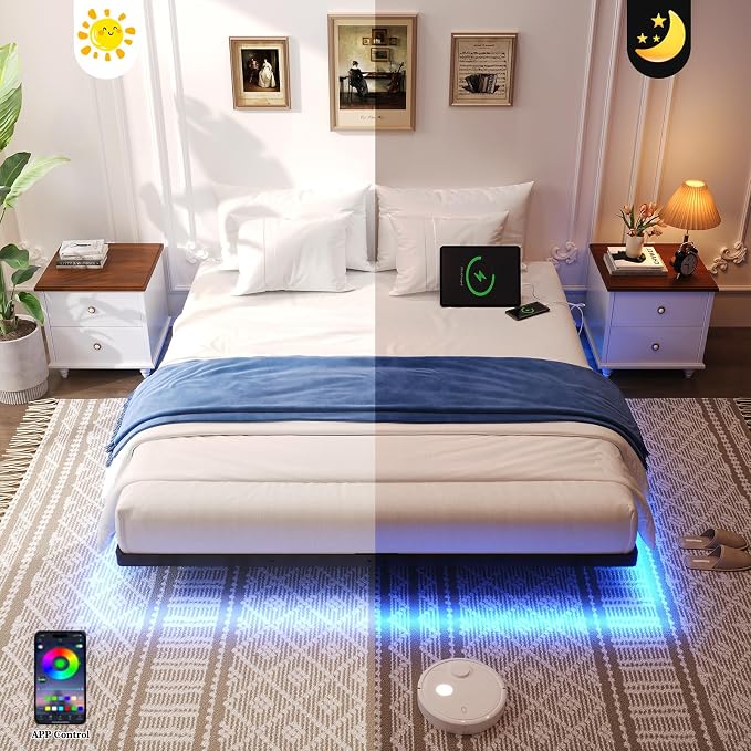 Awesofurni Floating Bed Frame Queen Size with LED Lights and Charging Station, Heavy Duty Modern Metal Platform Bed No Box Spring Needed - Easy Assembly and Noise Free