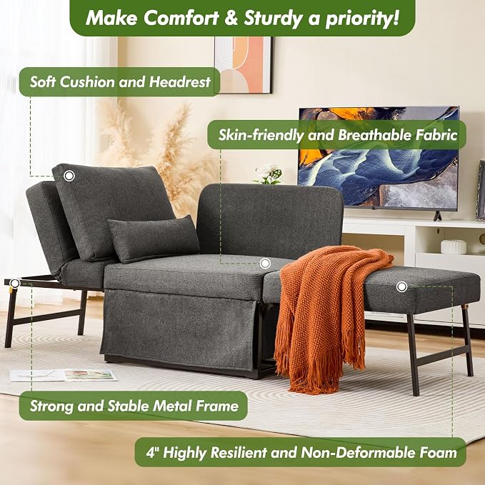 ZZW Sleeper Chair Bed Upgrade 4-in-1 to 5-in-1 Convertible Multi-fuction Sofa Chair w/Adjustable Backrest Assembly-Free Linen Folding Sofa Ottoman Bed for Living Room Apartment (Dark Grey)