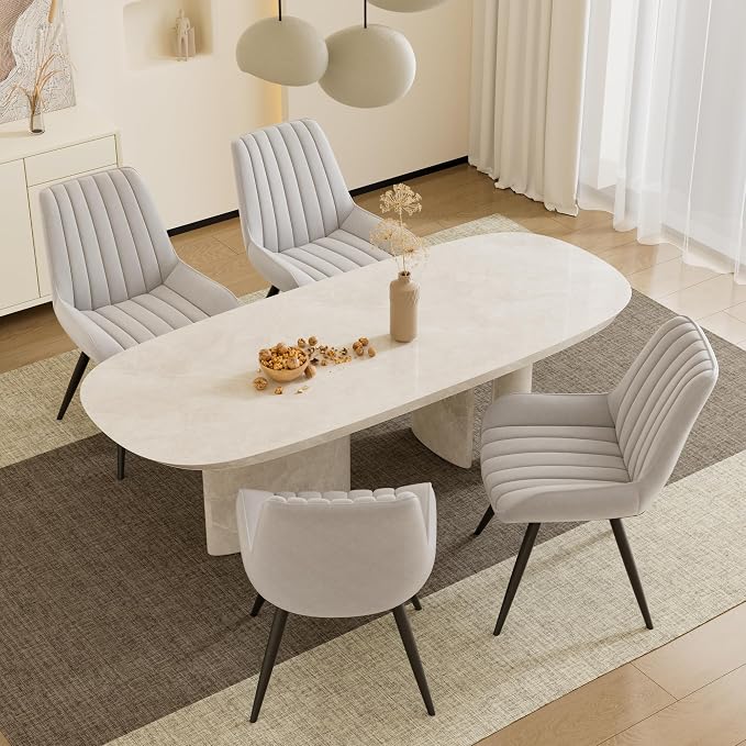 Dining Chairs Set of 6, Mid Century Modern Kitchen Chairs with Soft Cushion, Comfortable Upholstered Fabric Dining Room Chairs for Kitchen, White