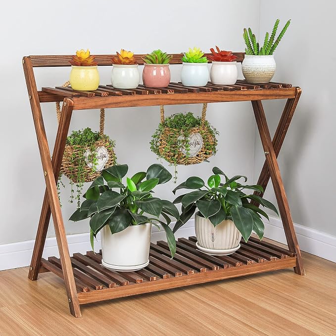 Indoor Plant Stand for Multiple Plants 2 Tier Wood Plant Shelf with Hanging | Outdoor Flower Pot Stand Holder with Planter Hanger for Yard Patio Garden Balcony Porch Living Room Corner ( Rustic X-Cross)