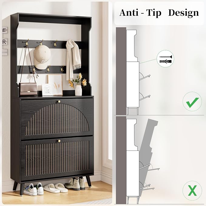 Fsbecl Shoe Cabinet for Entryway with 2 Flip Drawers & Coat Rack, Narrow Hidden Shoe Storage Cabinet with Fluted Panel, 2-in-1 Hall Tree Slim Freestanding Shoe Rack Organizer for Hallway, Black