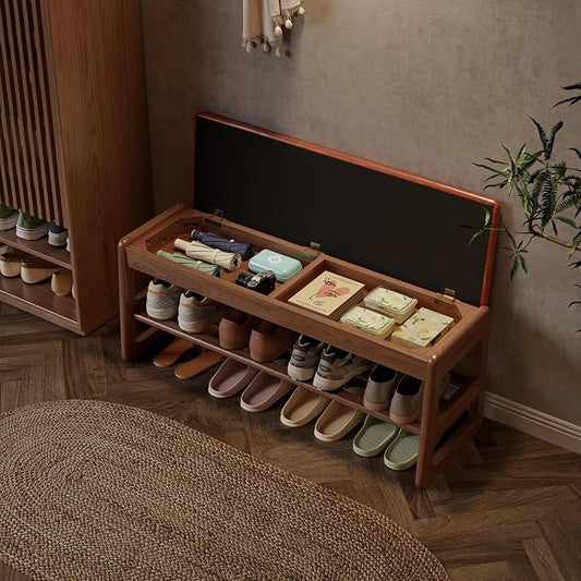 AQIMUELE Shoe Rack Bench,2 Tiers Shoe Bench with Storage with Flip-Top,Wood Shoe Rack for Entryway,Hallway(Orange Upholstered Seat,11.8" D x 39.3" W x 15.7" H)