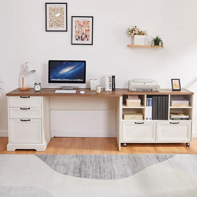 60"L-Shaped Executive Desk with 40"Adjustable File Cabinet,Farmhouse Home Office Desk with Charging Station,Office Desk with Storage Drawers,Wood Computer Desk Set for Office Work,Home Study