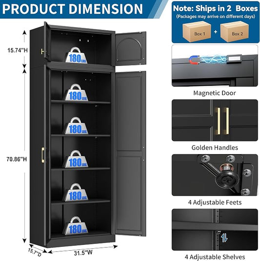86" Tall Metal Kitchen Pantry Storage Cabinet with Doors | Extra Large Heavy Duty Steel Cabinet, 4 Adjustable Shelves, Easy-Access Gold Handles, Black, 2 Packages, Home Office