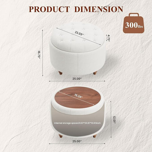 25Inch Round Ottoman with Storage, Tufted Fabric Modern Circle Ottoman with Reversible Tray Lid and Wood Legs, Multi-Functional Small Coffee Table for Living Room, Bedroom, Beige