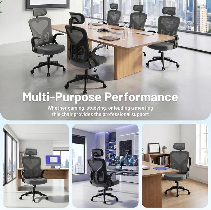 Office Chair Ergonomic Desk Chair with Adjustable Headrest Lumbar Support, High Back Breathable Mesh Chair with 120° Tilt & Flip-Up Armrests, Swivel Comfy Task Computer Chair for Work, Study