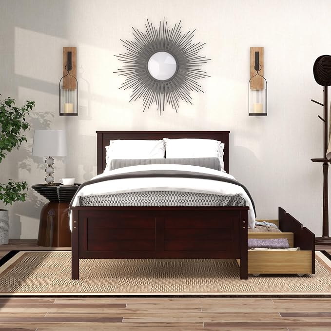 GOFLAME Twin Size Bed Frame with 2 Drawers, Platform Bed with Solid Wood Headboard & Footboard, Wood Slats Support Mattress Foundation, Under Bed Storage, No Box Spring Needed, Easy Assembly, Espresso