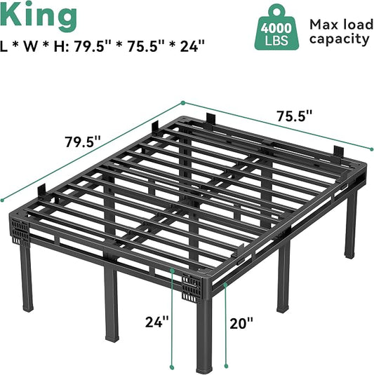 Superay King Bed Frame, 24 inch Metal Bed Frame & Box Spring 2 in 1 Platform with Rounded Legs, Double Layer Bed Frame with Matress Gasket & headboard Adapter, Support Up to 4000lbs