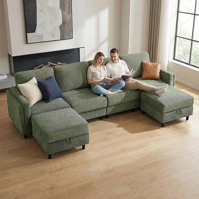KKL Modular Sectional Sofa Bed with Storage Ottoman, Convertible L/U-Shaped Sleeper Couch for Living Room, Modern Reversible Design(Green,6 Seater U Shape)
