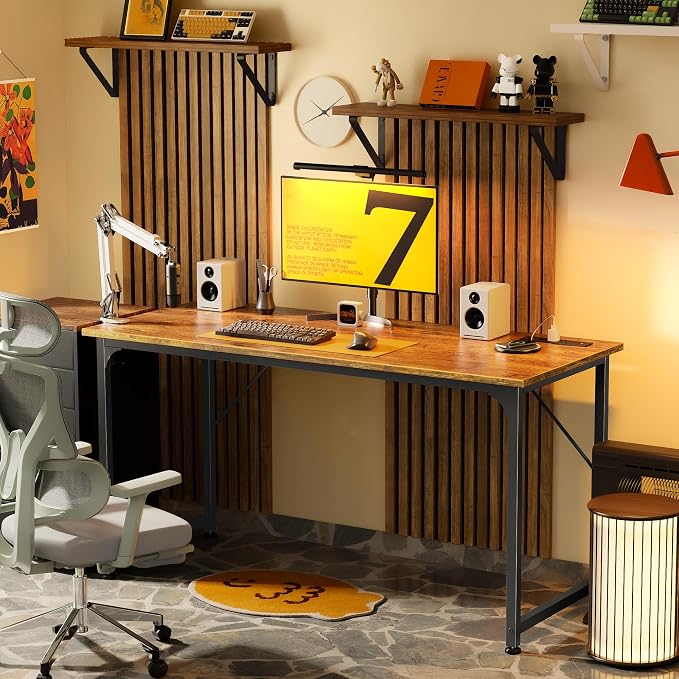 PRAISUN 55 X 20 Inch Office Computer Desk with Power Outlets and USB-C Port, Larger and Longer Gaming Desk, for Home Office, Study, Bedroom, Writing Work from Home Table, Metal Frame, Rustic Brown