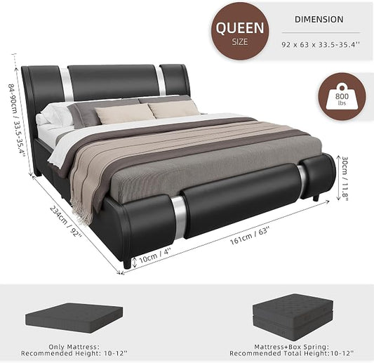 Keyluv Modern Queen Size Bed Frame with Mirror Metal Decoration, Faux Leather Upholstered Platform Bed with Curved Headboard, Wooden Slats Support, No Box Spring Needed, Black