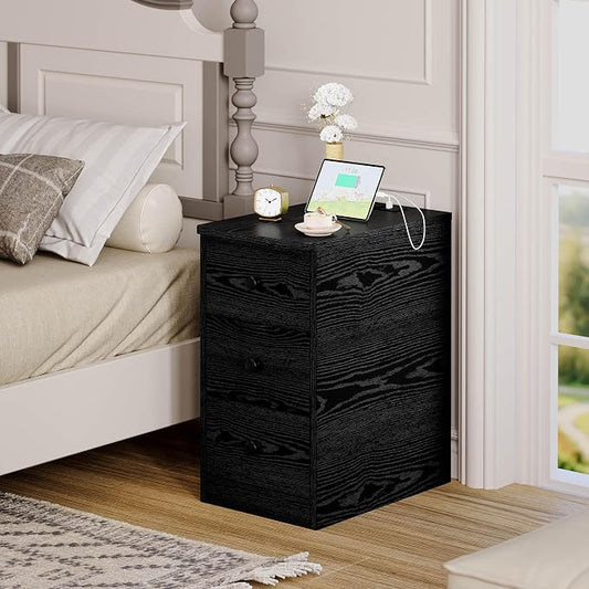 LIKIMIO Nightstand with Charging Station, Narrow Bedside Table with 3 Drawers, End Table with USB Ports and Outlets, Side Table for Living Room/Bedroom Modern