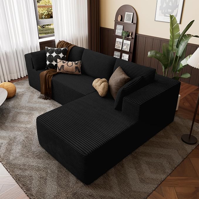 GRUSIGN106 Cloud Sectional Boneless Couch for Living Room, Modular L Shaped Couches with Oversized Right Facing Chaise, Memory Foam Compressed Spineless Deep Seat 3 Seater Sofa for Apartment, Black