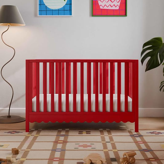 Davinci Sammy Scallop 4-in-1 Convertible Baby Crib, Strawberry Red | GREENGUARD Gold Certified, Converts to Toddler Bed & Daybed & Full-Size Bed, 4 Adjustable Mattress Heights - Easy to Assemble