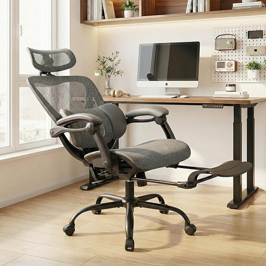 MALOL Ergonomic Mesh Office Chair with Footrest, Executive High Back Computer Desk Chair with 3D Adjustable Headrest & 5-Level Lumbar Support, Reclining Tilt Lock, 3D Arms, 300LBS Capacity, Grey