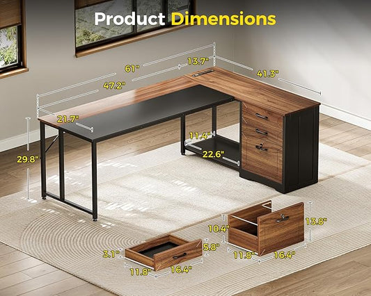 AODK 61" L Shaped Office Desk with Wood Drawers & Lockable File Cabinet, Reversible 21.7" D Corner Computer Desk with Built-in Power Outlets, Executive Desk for Home Office, Walnut