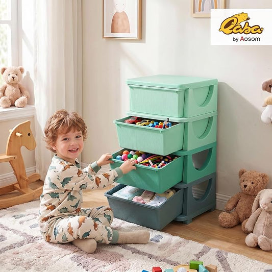 Qaba 4 Drawers Kids Storage Unit, 4 Tier Stackable Toy Organizers and Storage Chest for Bedroom, Nursery, Playroom, Living Room, Boys, Girls, Toddlers, Green