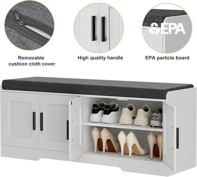 Homleke 2-Tier Storage Bench, Shoe Bench with Thickened Padded Seat Cushion, Entryway Bench with 4 Doors, Adjustable Shelf, 13.8" D x 45.3" W x 18.5" H, for Entryway, Living Room, Bedroom, White