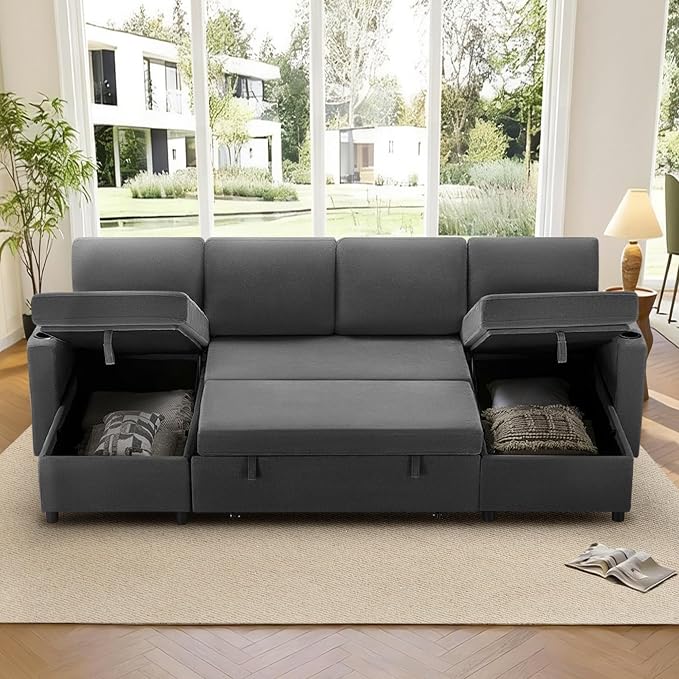 KISLOT 110 Inch Sectional Sleeper Sofa with Pull Out Bed Convertible Plush 2 in 1 Couch with Storage Chaise & USB Charging Comfy L Shaped Modular Couches for Living Room Apartment(3 Box)