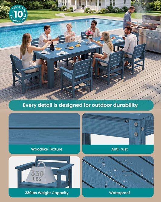 SERWALL HDPE Dining Set for 8: 2 Umbrella Hole Tables + 8 Chairs. for Garden, Backyard, Poolside. Blue