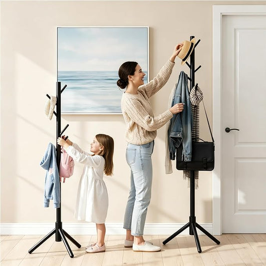 2 PC Wooden Coat Rack Freestanding with 8 Hooks & 3 Adjustable Sizes for Clothes, Space-Saving Design for Bedroom Office Entrance Holds Hats Coats Scarves Bags